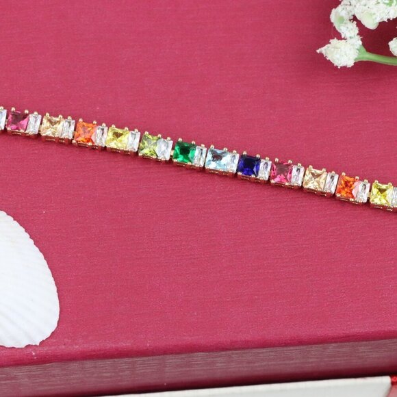 "Rainbow CZ Rose Gold Bracelet with Square Cut Stones, Vibrant Style, XPBL0742 - Picture 12 of 12